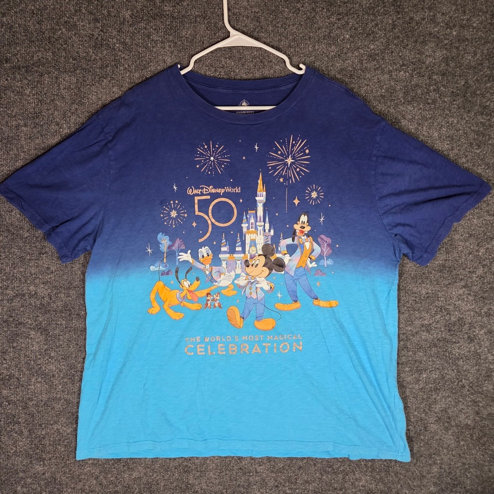 Walt Disney World 50th Anniversary T-Shirt Mens XL Blue Ombre Mickey Mouse Goofy